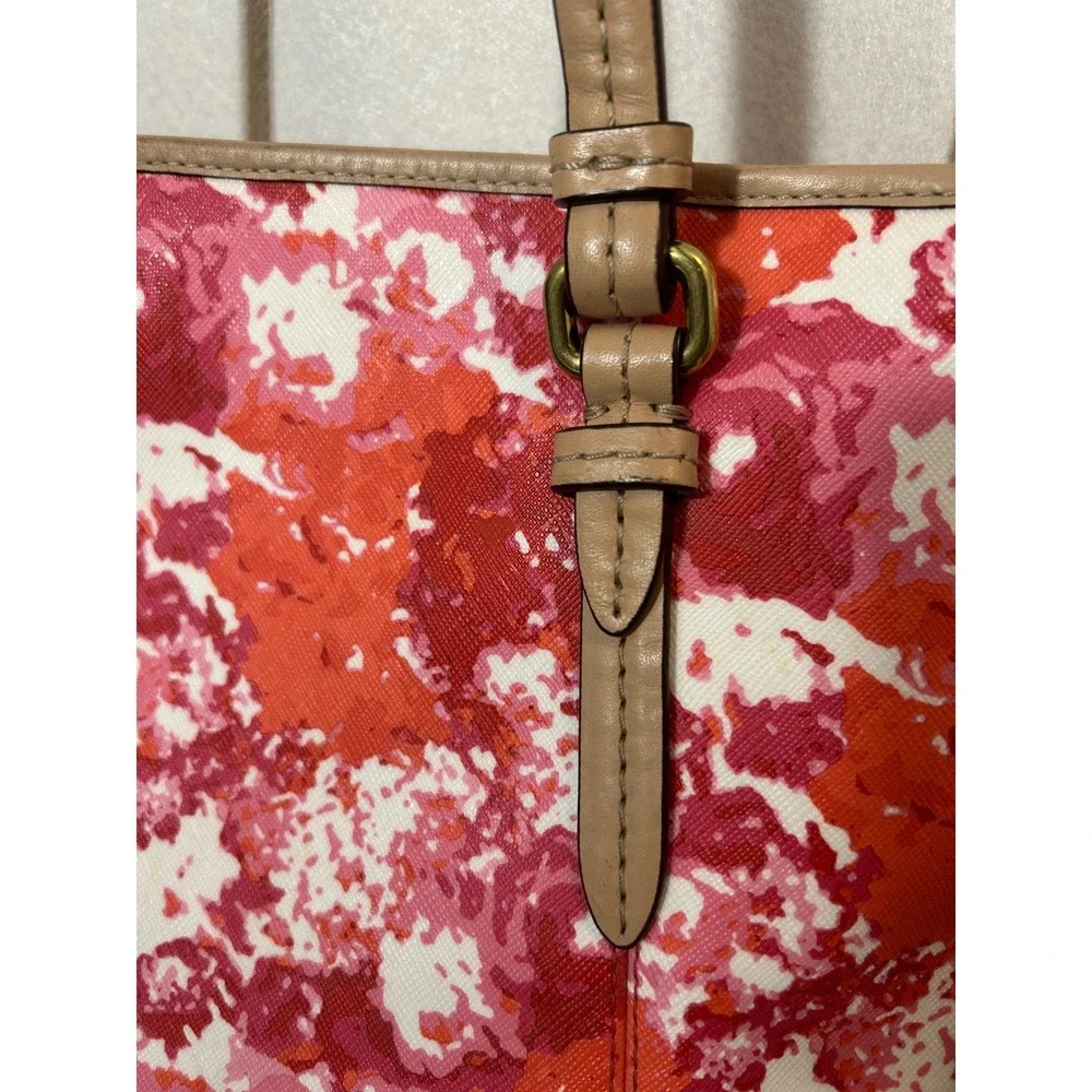 Coach Peyton Floral Print Top Handle Tote Bag Pink‎ Orange White Leather Bag